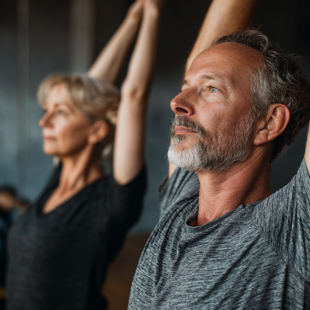 Middle-aged adults practicing gentle stretching exercises in a calm indoor environment