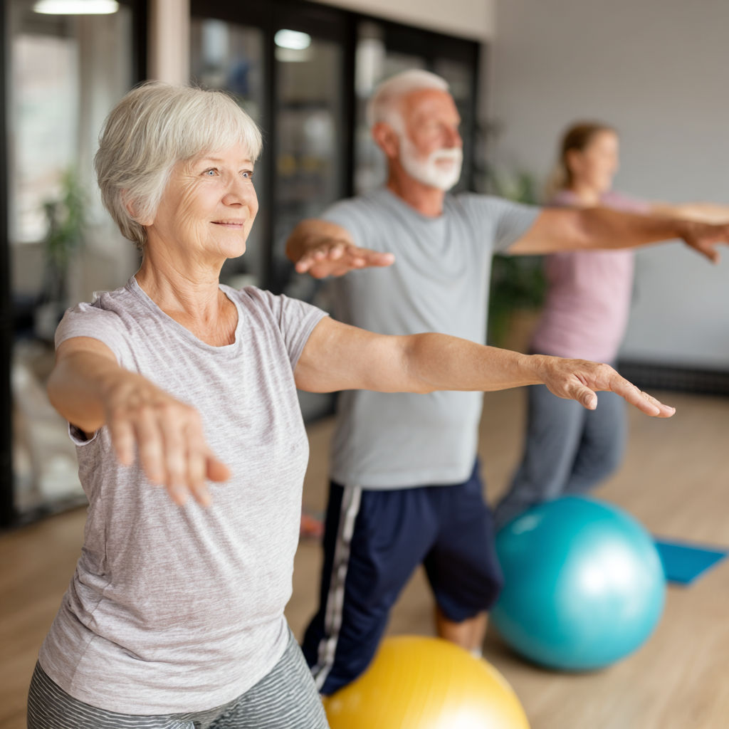 Older adults engaging in balanced fitness activities with professional guidance